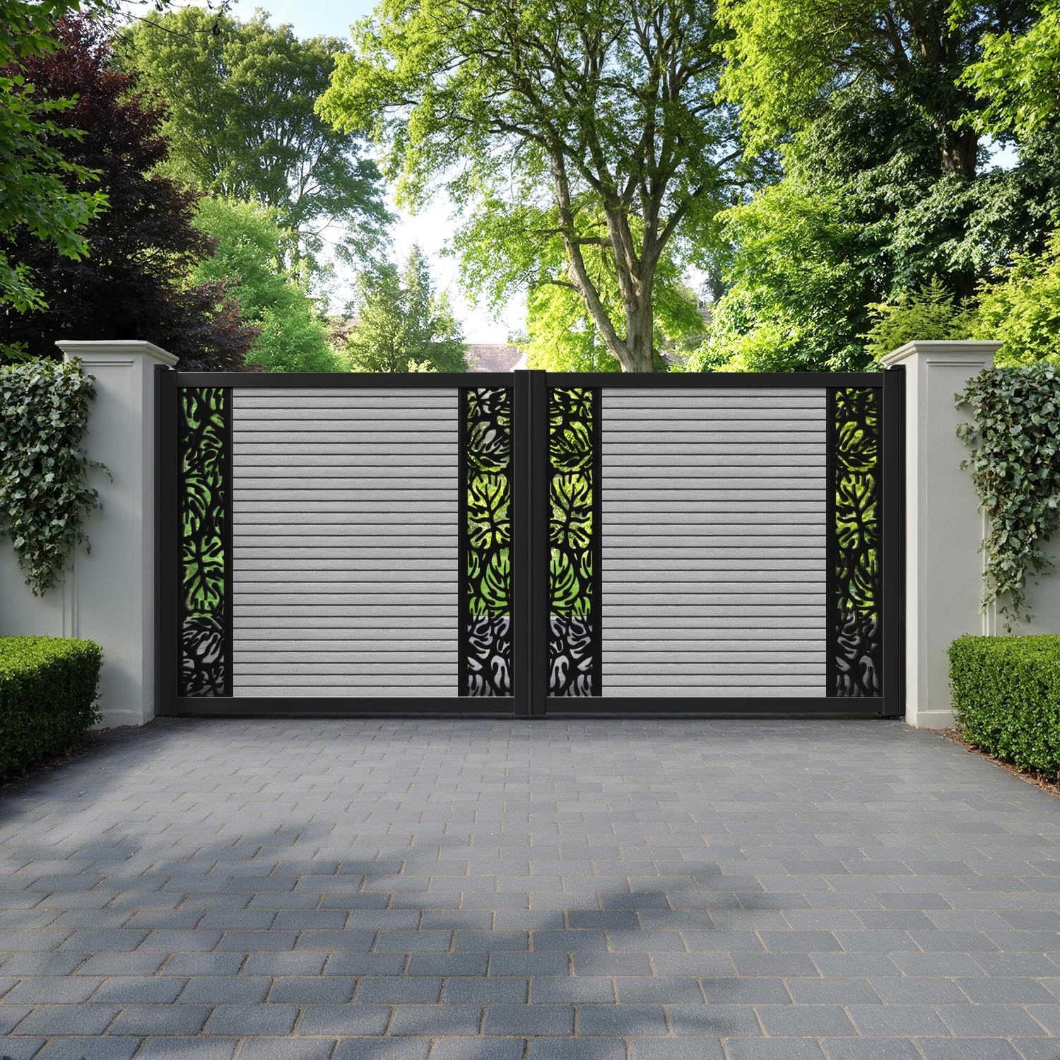 Hudson Botanic Straight Top Driveway Gate - Light Grey - Middle & End Screen