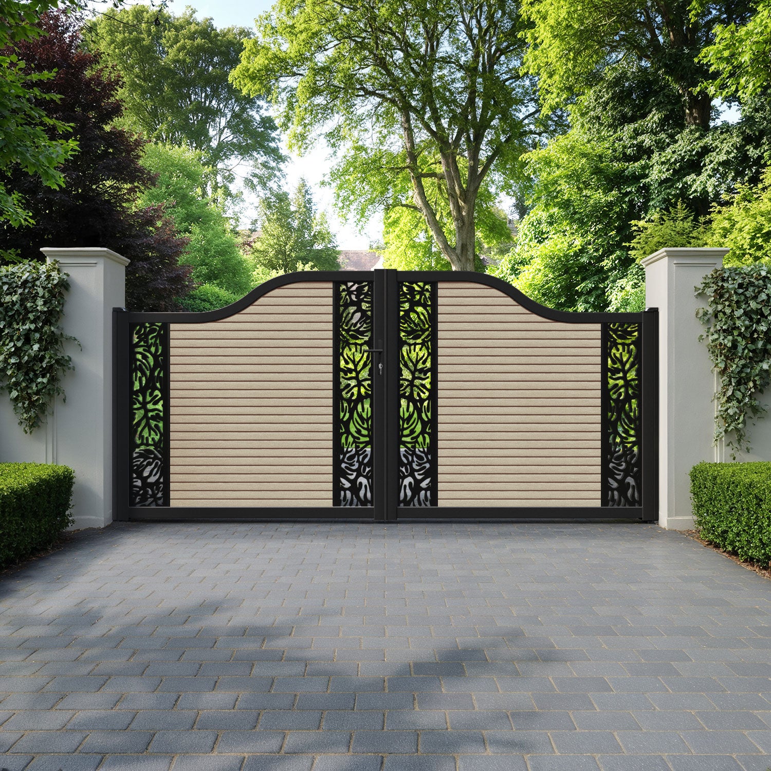 Hudson Botanic Curved Top Driveway Gate - Light Oak - Middle & End Screen