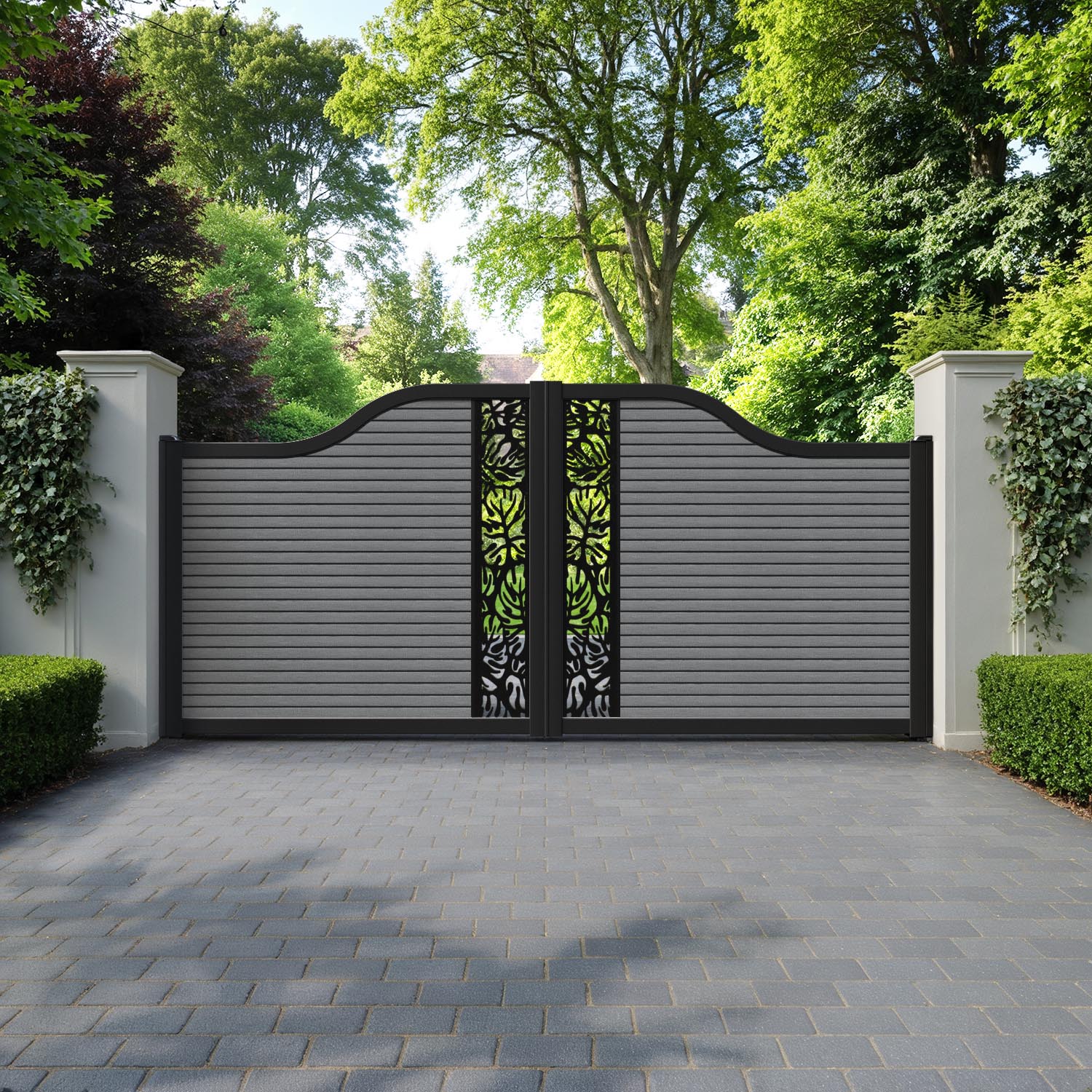 Hudson Botanic Curved Top Driveway Gate - Mid Grey - Middle Screen