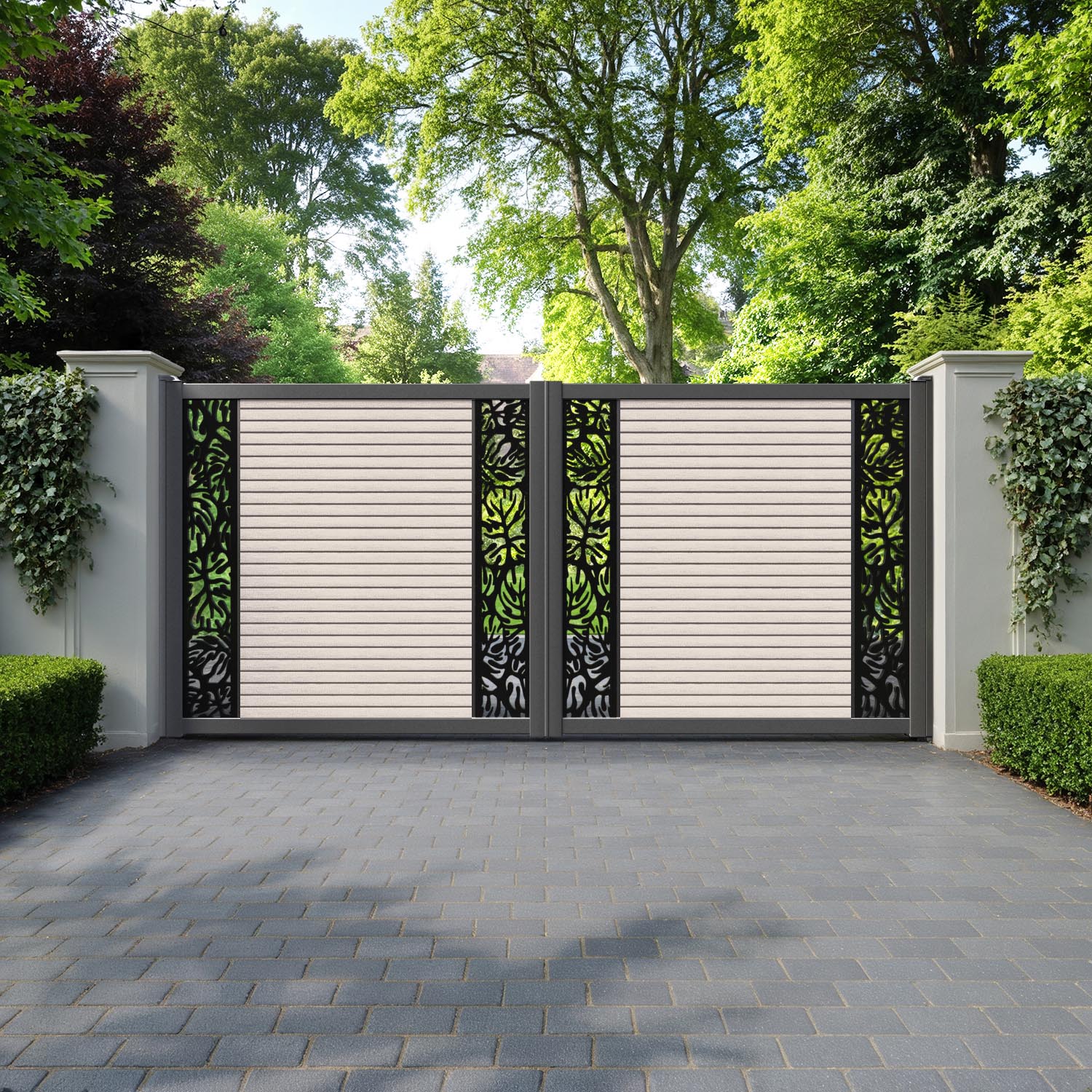Hudson Botanic Straight Top Driveway Gate - Mid Stone - Middle & End Screen