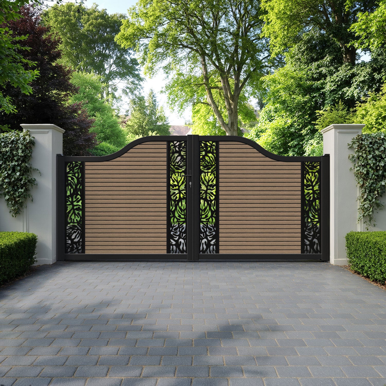 Hudson Botanic Curved Top Driveway Gate - Teak - Middle & End Screen