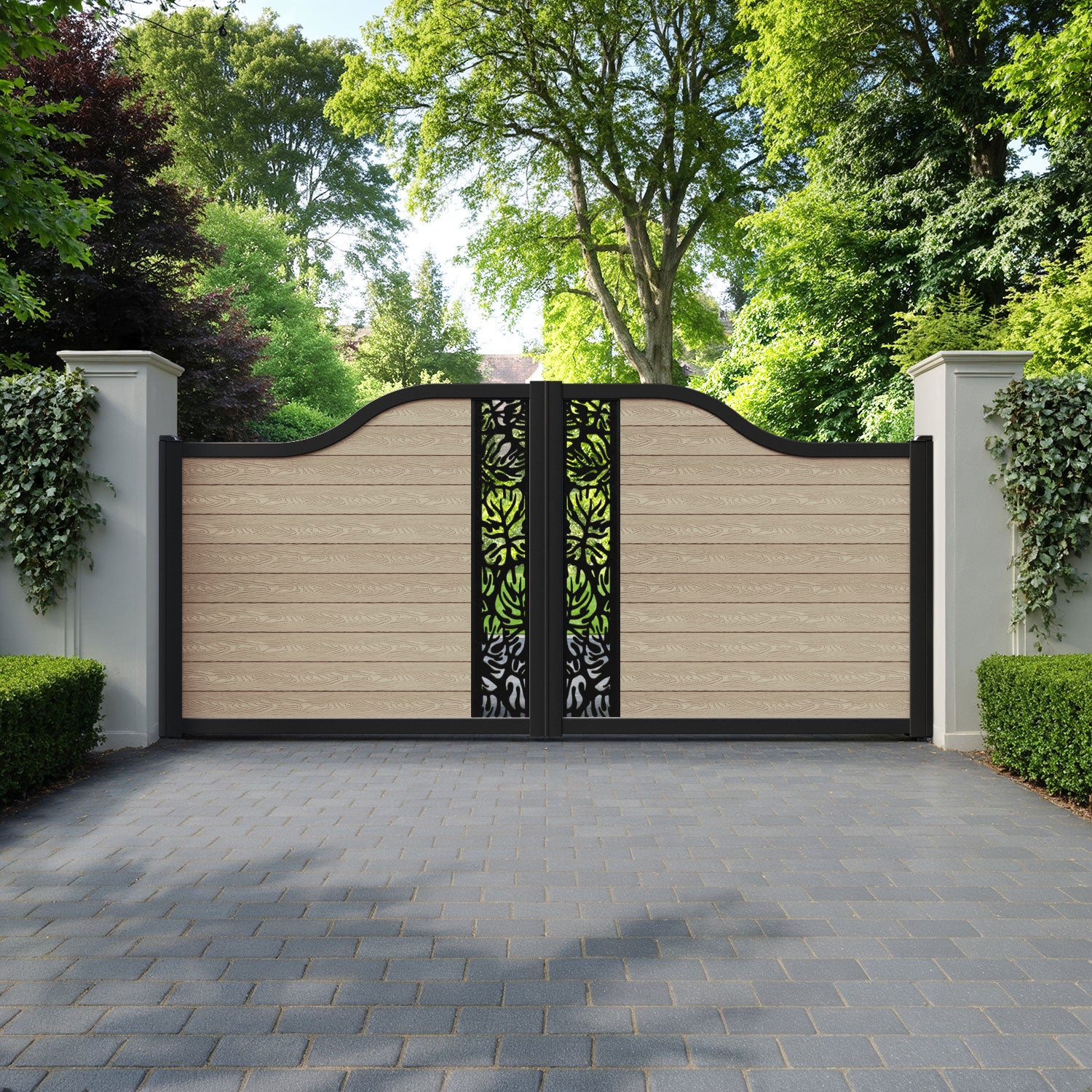 Classic Botanic Curved Top Driveway Gate - Light Oak - Middle Screen