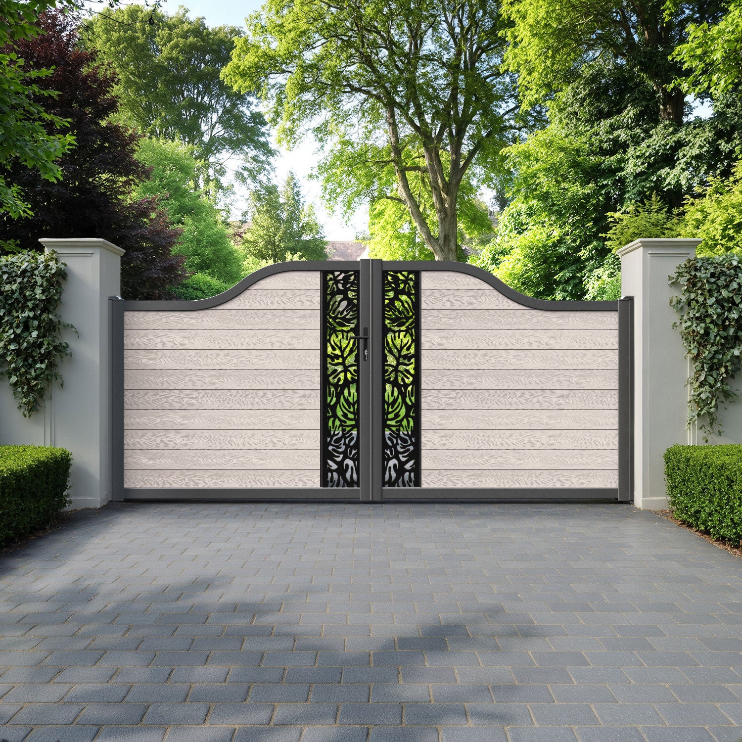 Classic Botanic Curved Top Driveway Gate - Mid Stone - Middle Screen