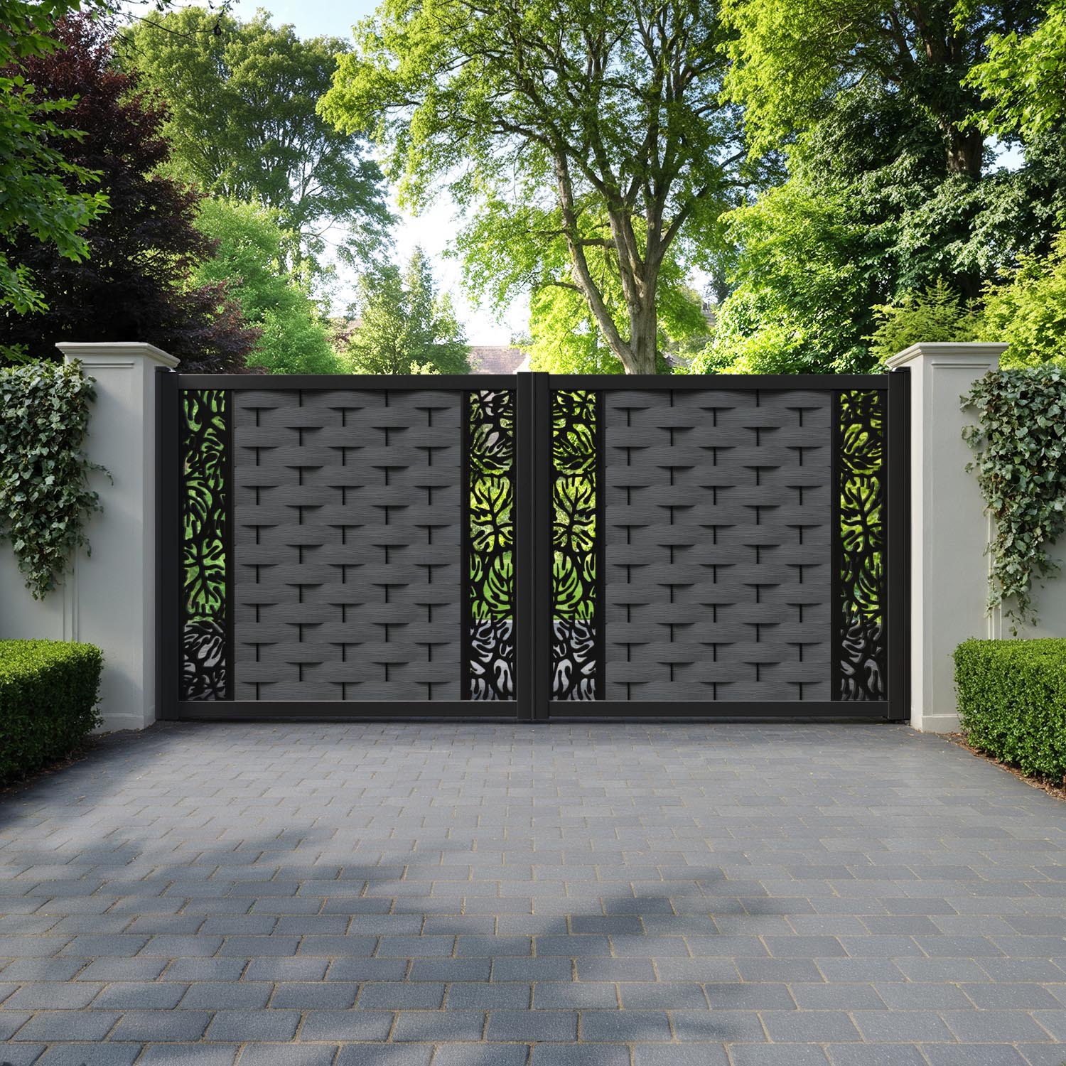 Ripple Botanic Straight Top Driveway Gate - Dark Grey - Middle & End Screen