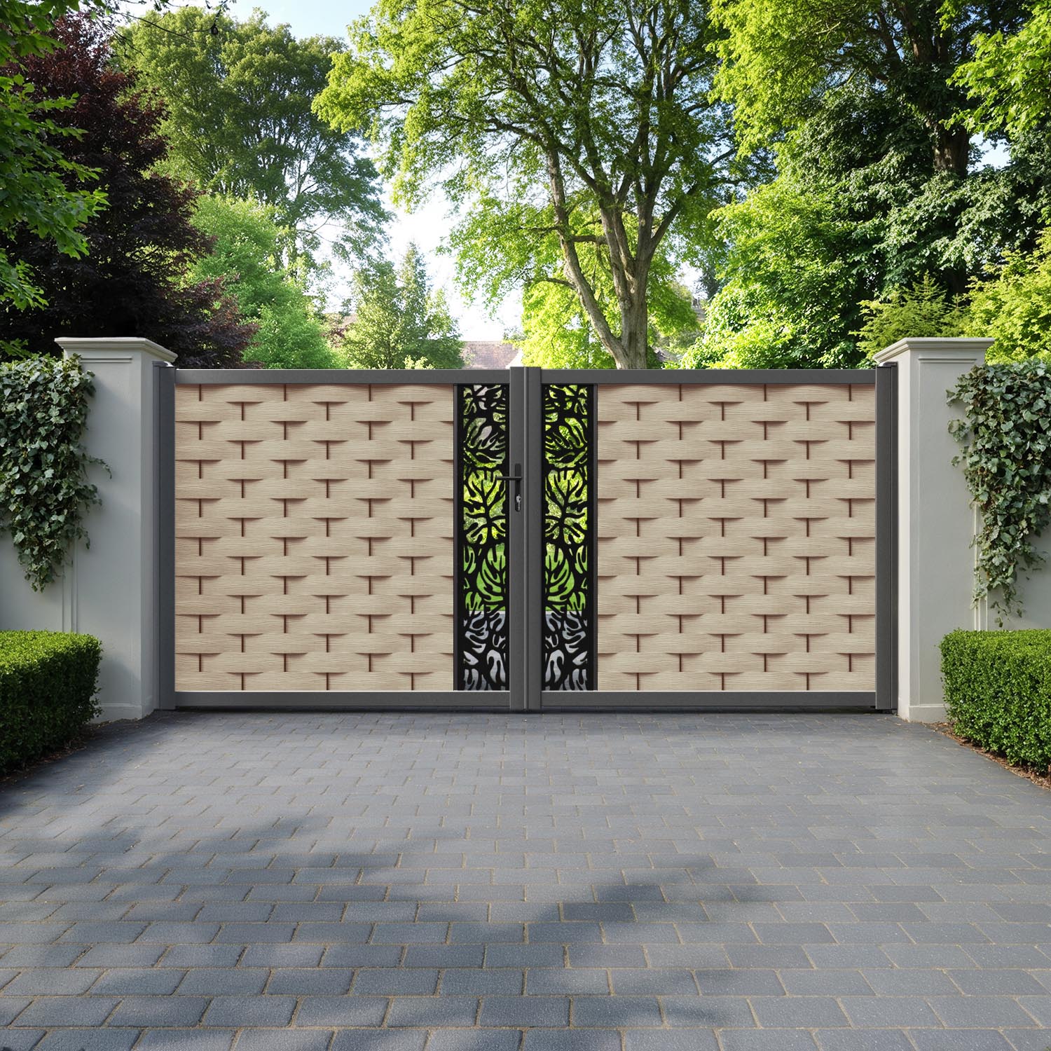 Ripple Botanic Straight Top Driveway Gate - Light Oak - Middle Screen