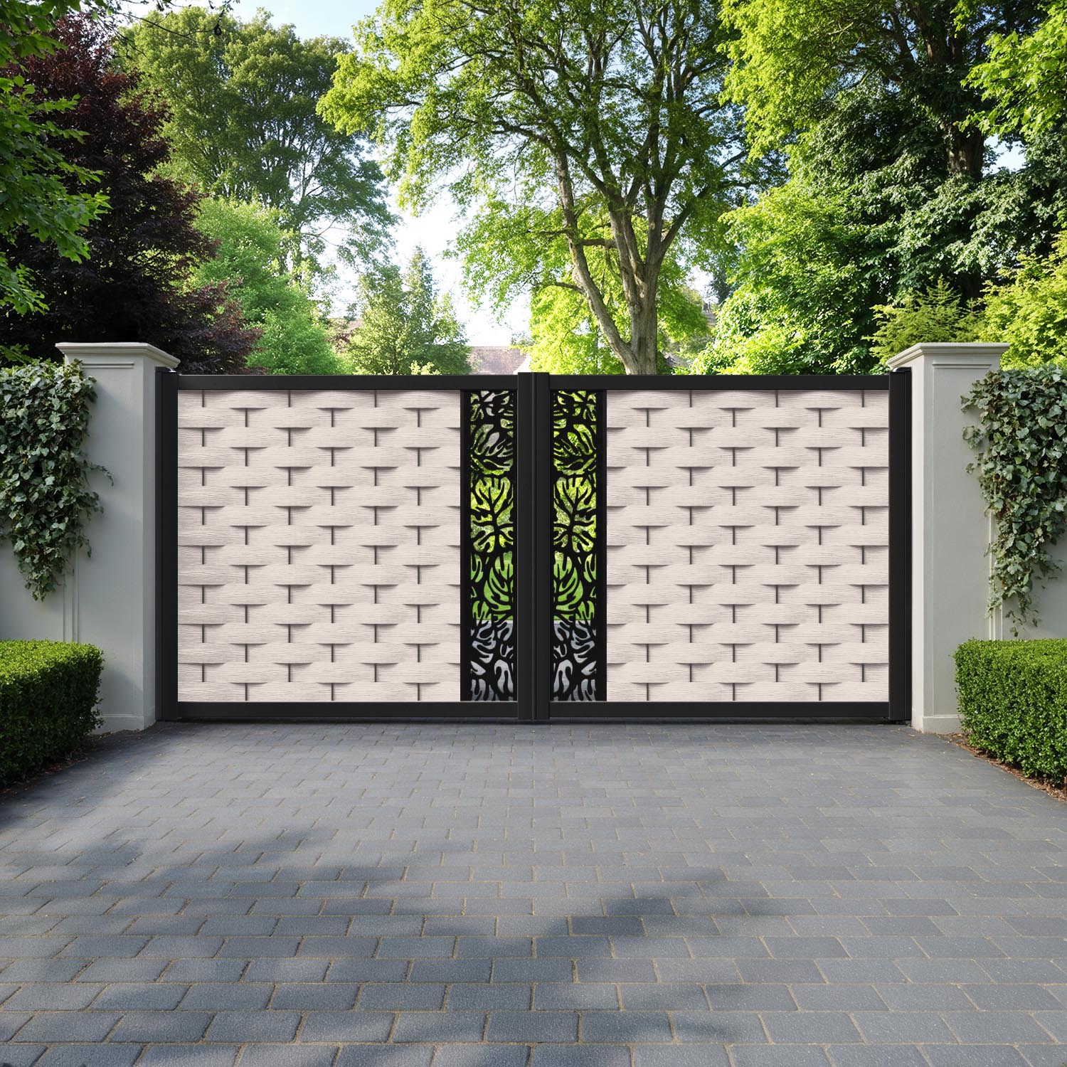 Ripple Botanic Straight Top Driveway Gate - Mid Stone - Middle Screen