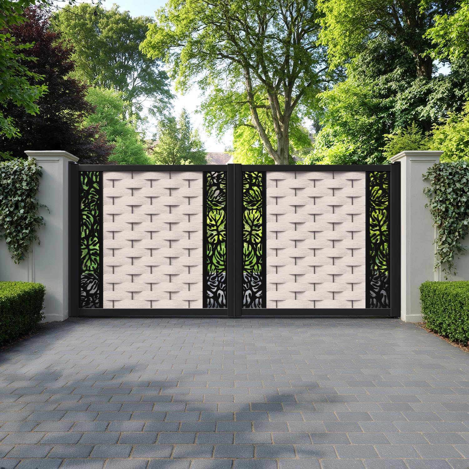 Ripple Botanic Straight Top Driveway Gate - Mid Stone - Middle & End Screen