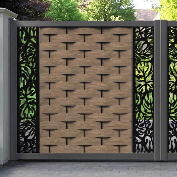Ripple Botanic Straight Top Driveway Gate - Teak - Middle & End Screen