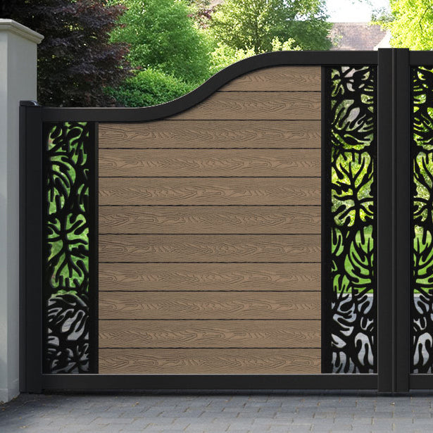 Classic Botanic Curved Top Driveway Gate - Teak - Middle & End Screen