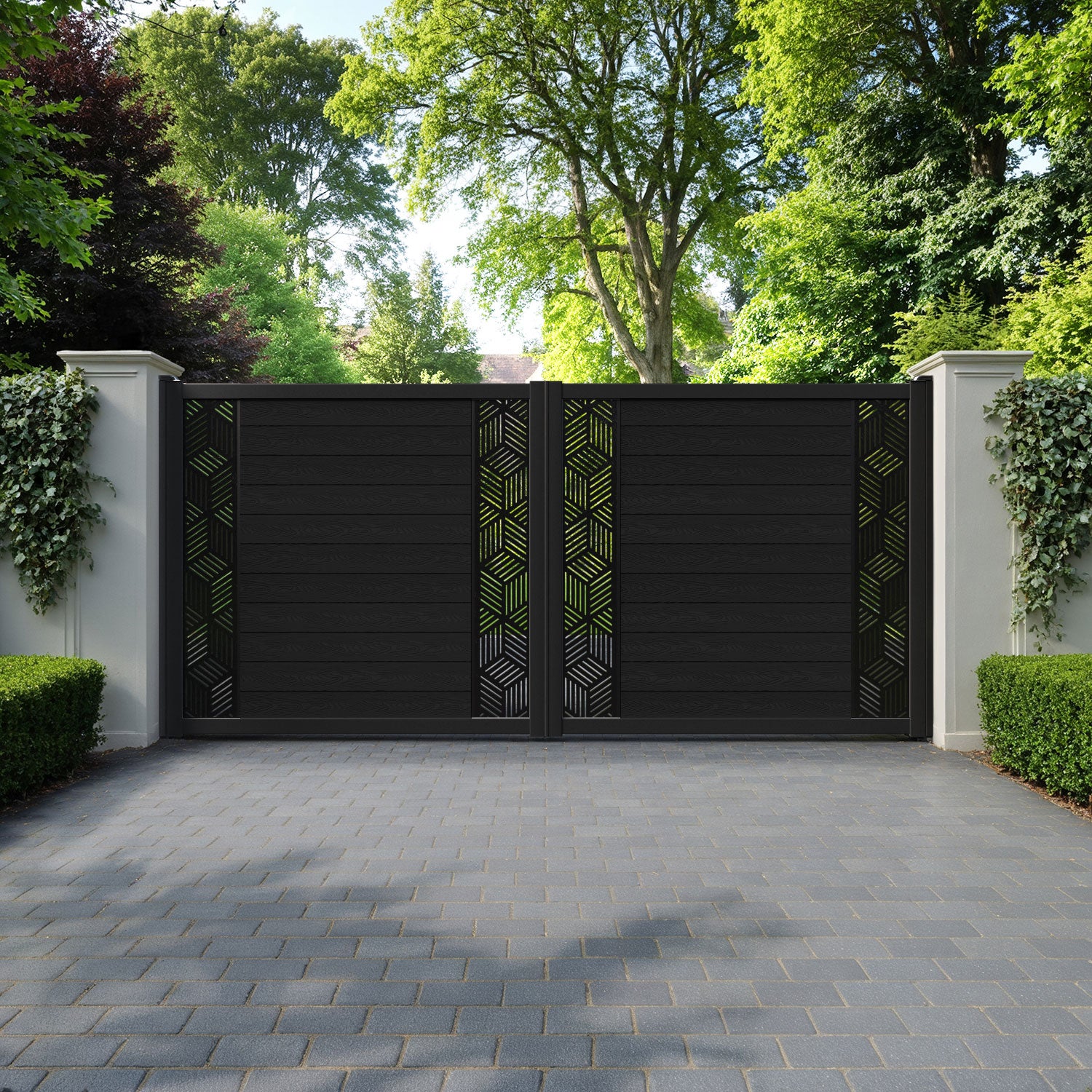Classic Cubed Straight Top Driveway Gate - Black - Middle & End Screen
