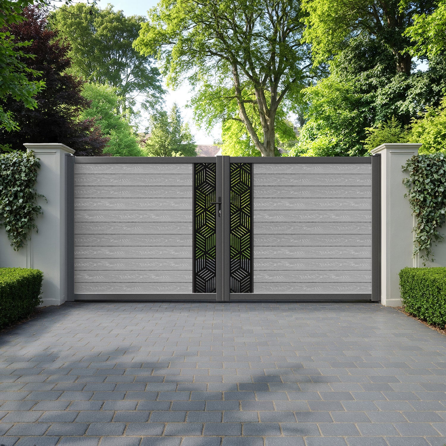 Classic Cubed Straight Top Driveway Gate - Light Grey - Middle Screen