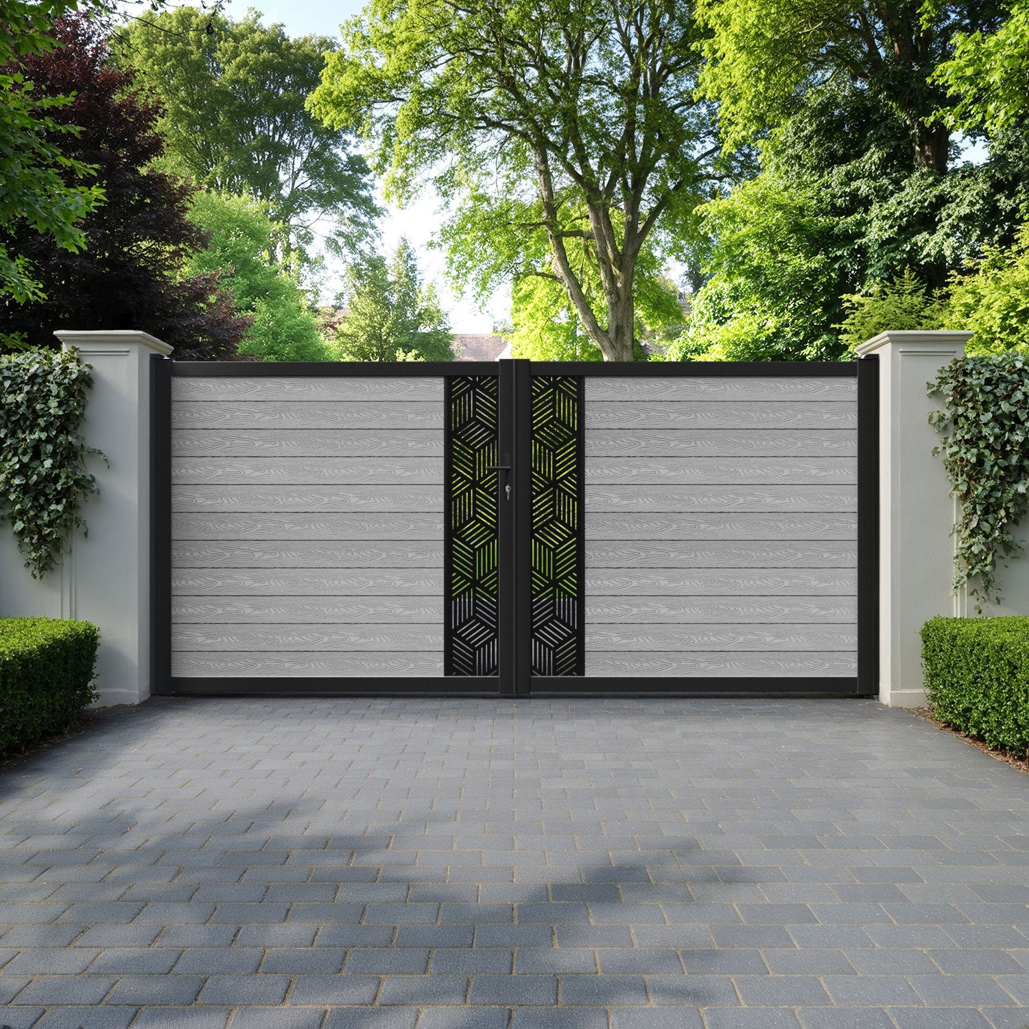 Classic Cubed Straight Top Driveway Gate - Light Grey - Middle Screen