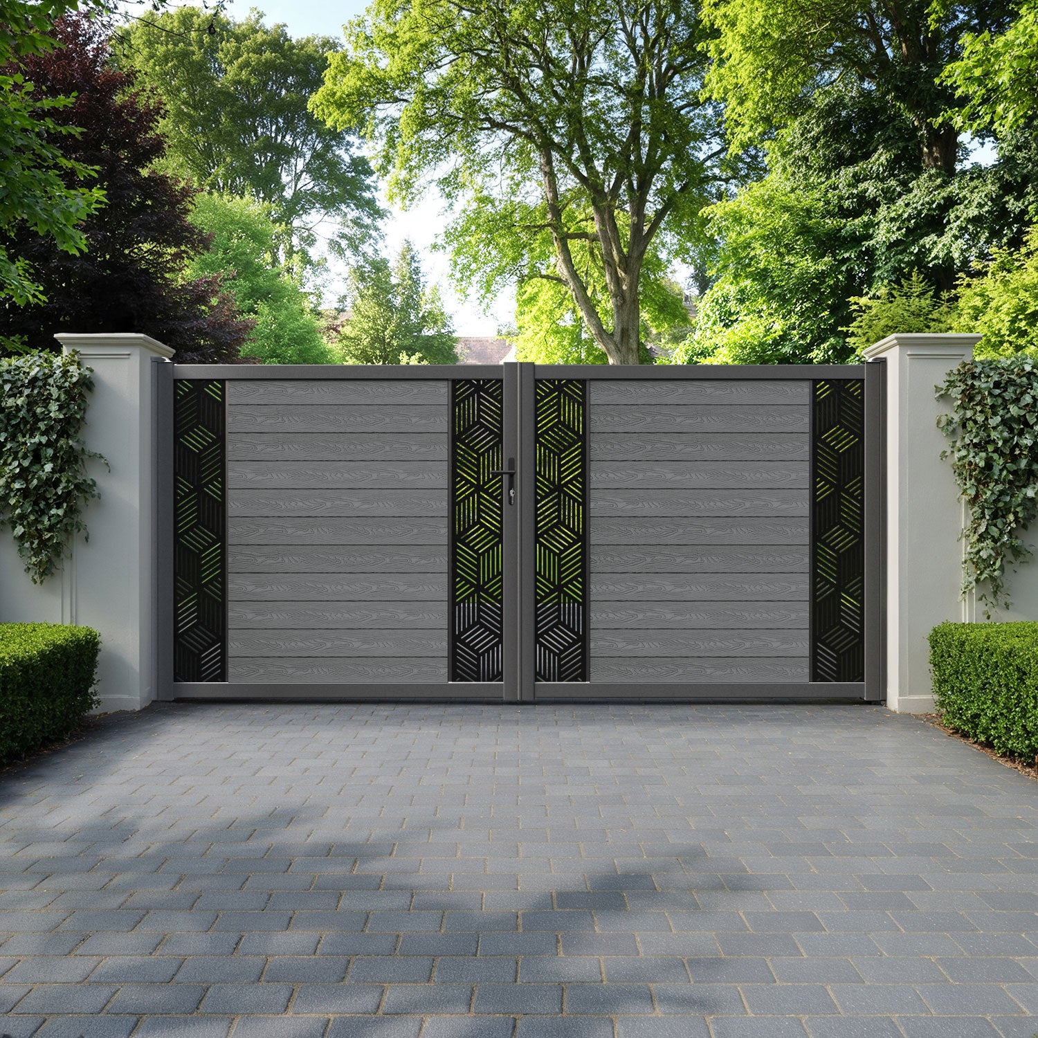 Classic Cubed Straight Top Driveway Gate - Mid Grey - Middle & End Screen
