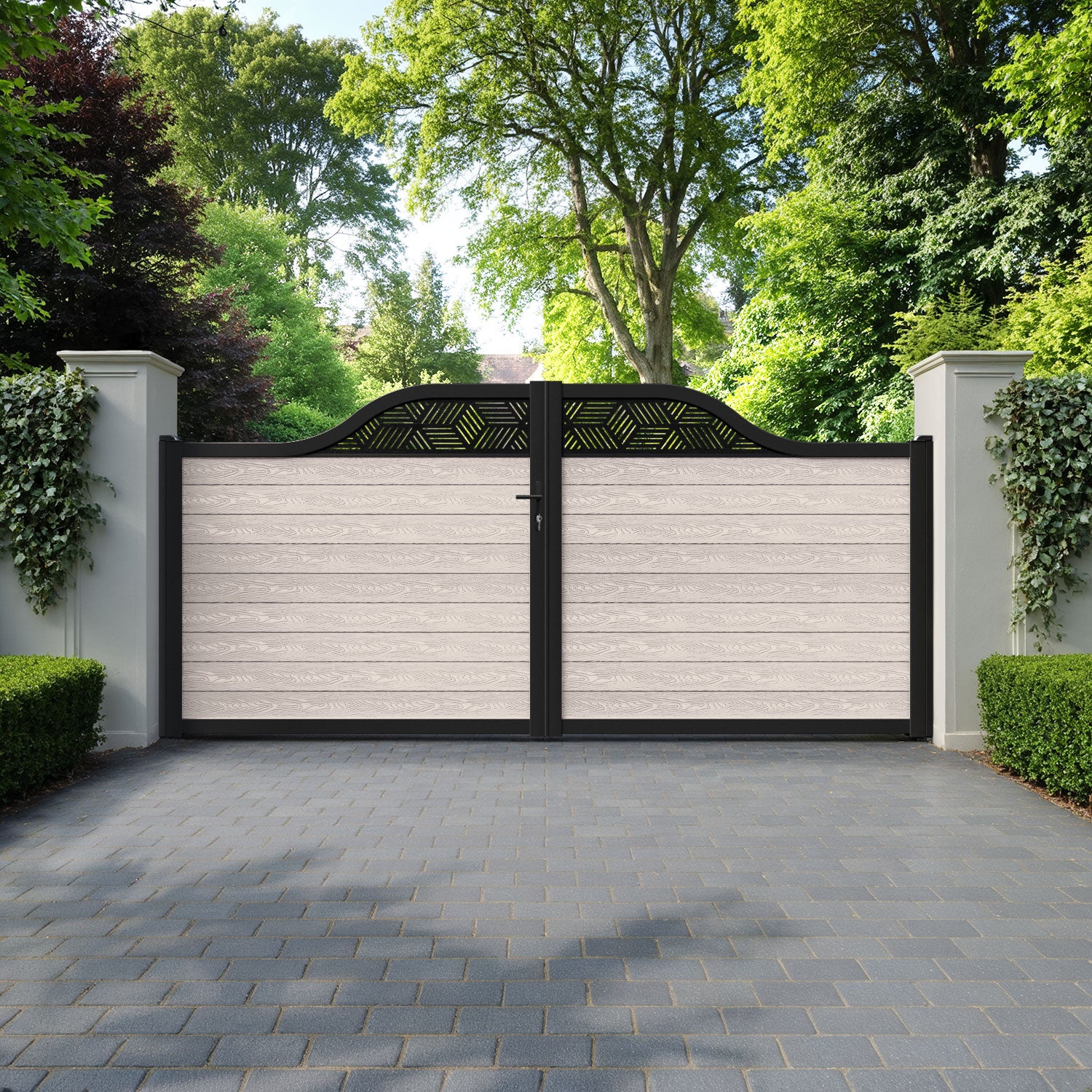 Classic Cubed Curved Top Driveway Gate - Mid Stone - Top Screen