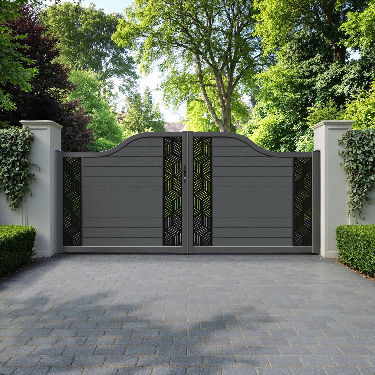 Fusion Cubed Curved Top Driveway Gate - Dark Grey - Middle & End Screen