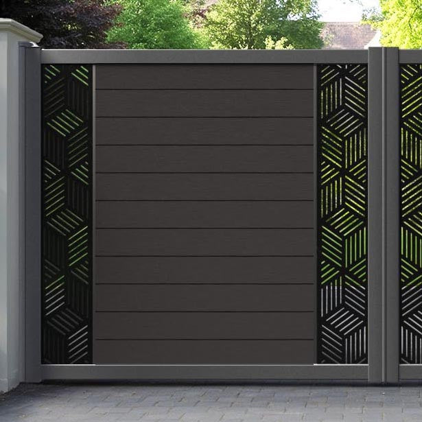 Fusion Cubed Straight Top Driveway Gate - Dark Oak - Middle & End Screen