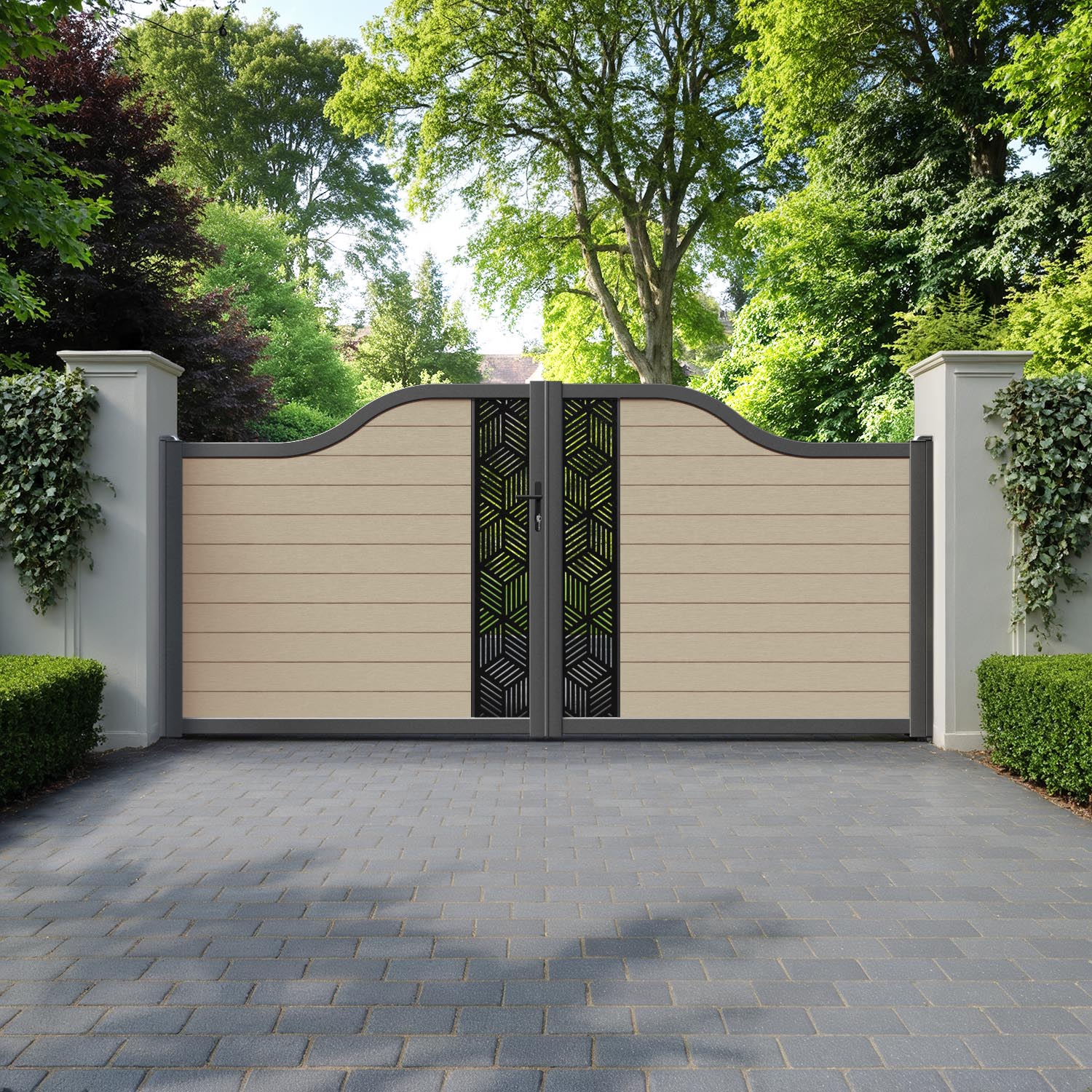 Fusion Cubed Curved Top Driveway Gate - Light Oak - Middle Screen