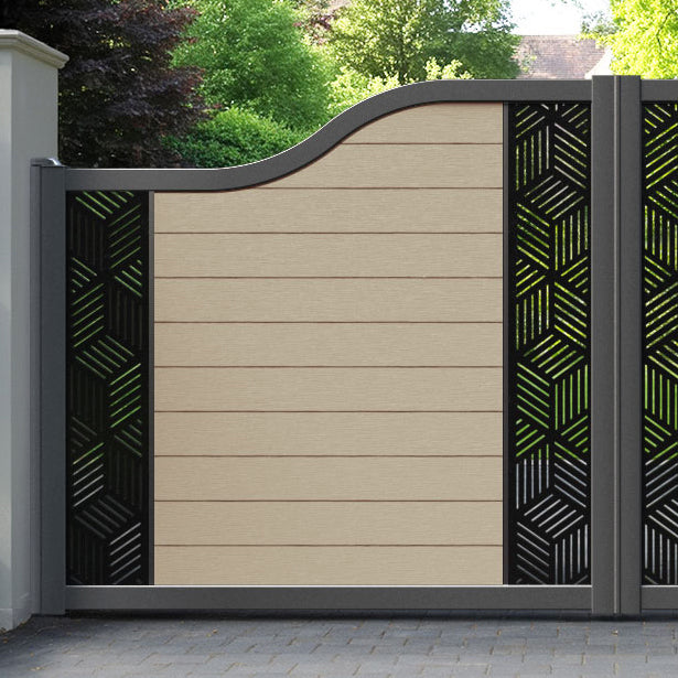 Fusion Cubed Curved Top Driveway Gate - Light Oak - Middle & End Screen
