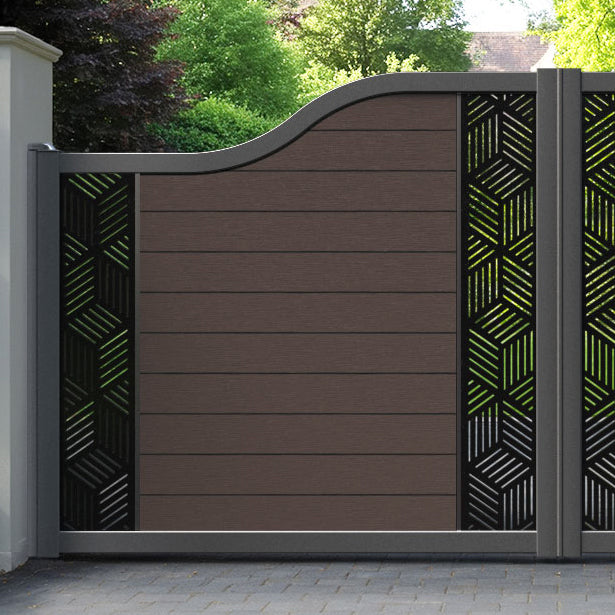 Fusion Cubed Curved Top Driveway Gate - Mid Brown - Middle & End Screen
