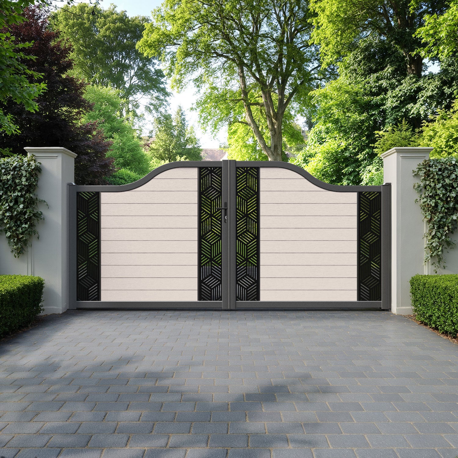 Fusion Cubed Curved Top Driveway Gate - Mid Stone - Middle & End Screen