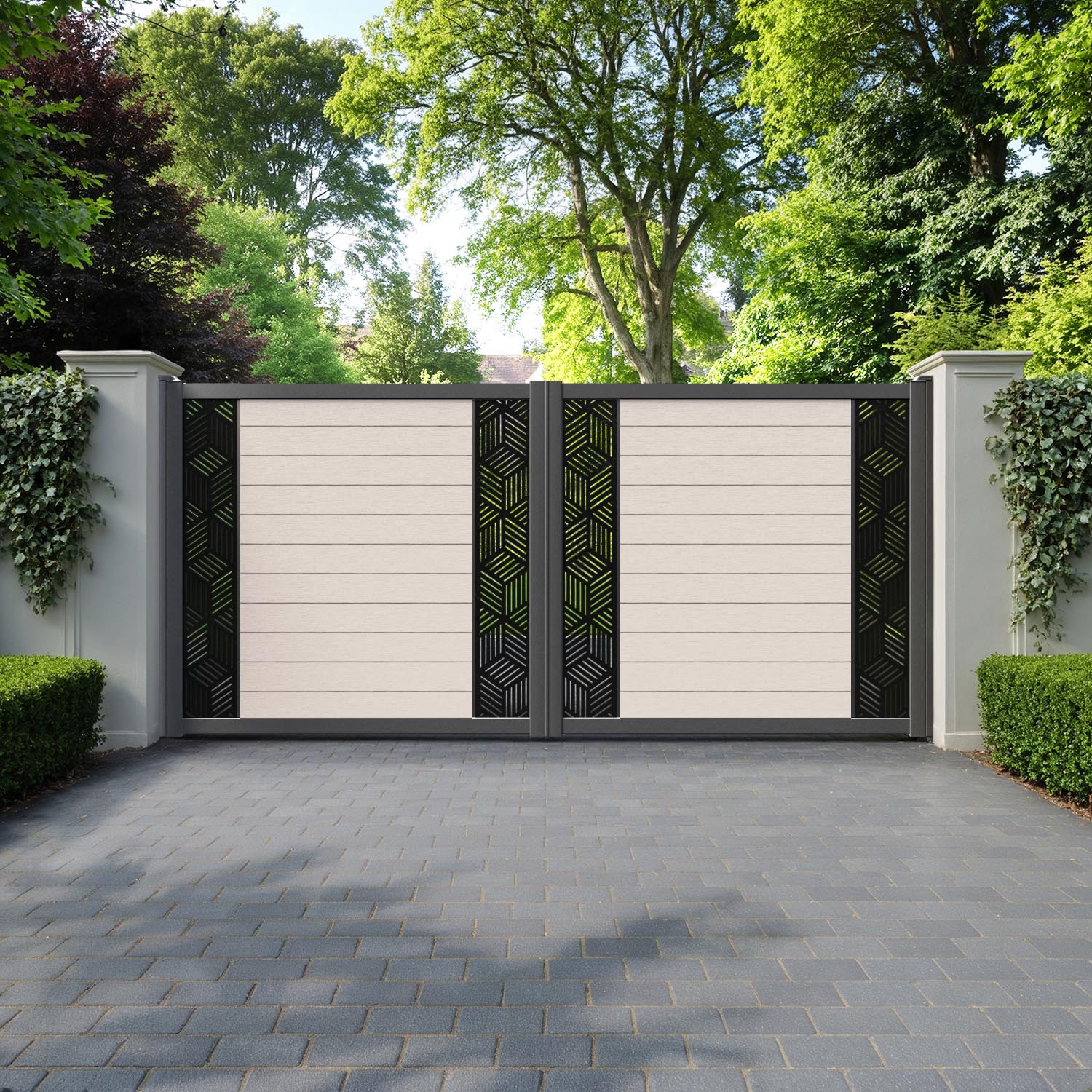 Fusion Cubed Straight Top Driveway Gate - Mid Stone - Middle & End Screen