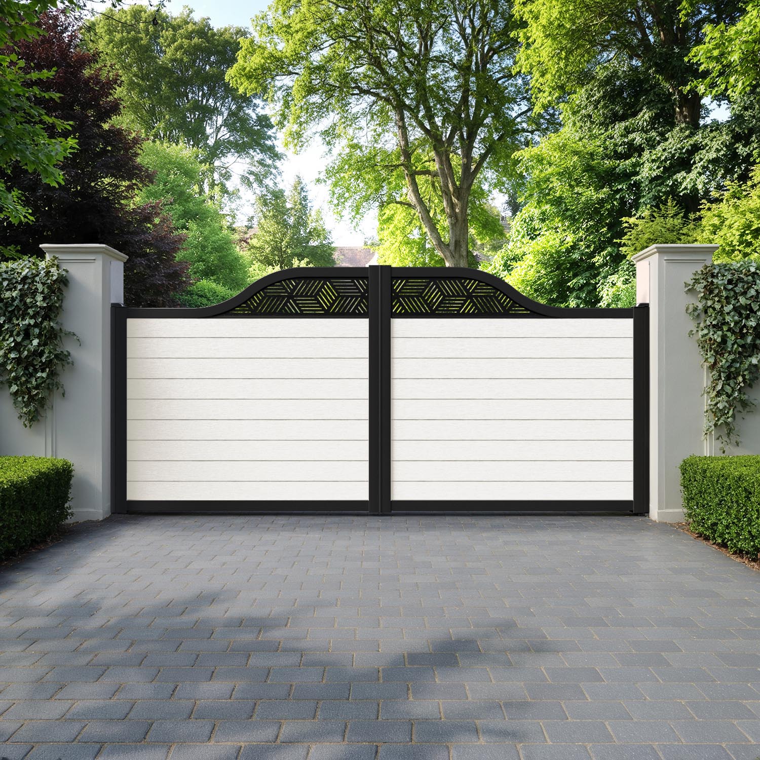 Fusion Cubed Curved Top Driveway Gate - Light Stone - Top Screen