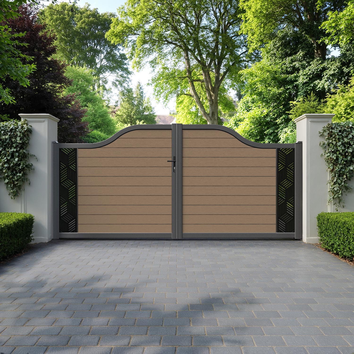 Fusion Cubed Curved Top Driveway Gate - Teak - End Screen