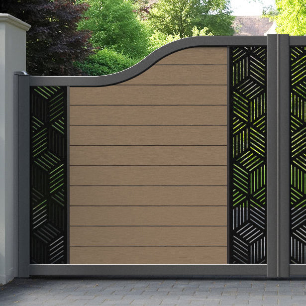 Fusion Cubed Curved Top Driveway Gate - Teak - Middle & End Screen