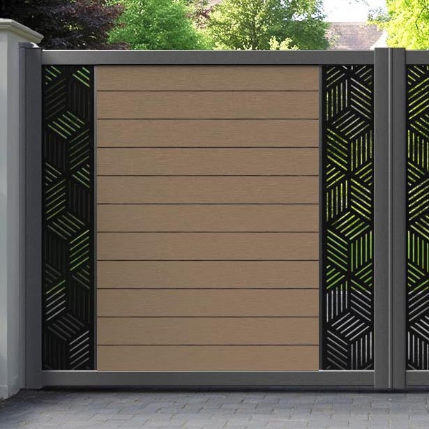 Fusion Cubed Straight Top Driveway Gate - Teak - Middle & End Screen