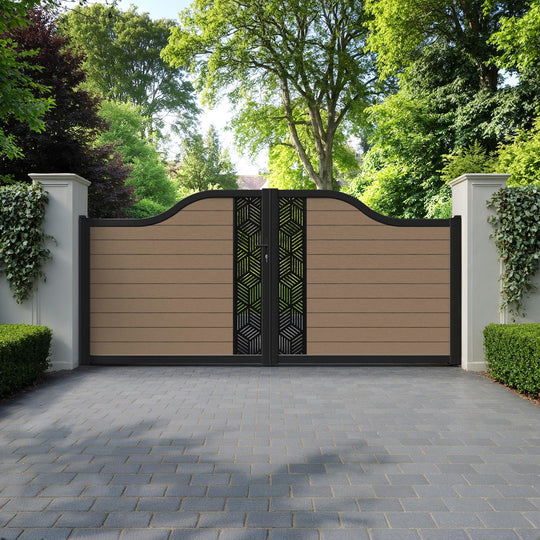 Fusion Cubed Curved Top Driveway Gate - Teak - Middle Screen