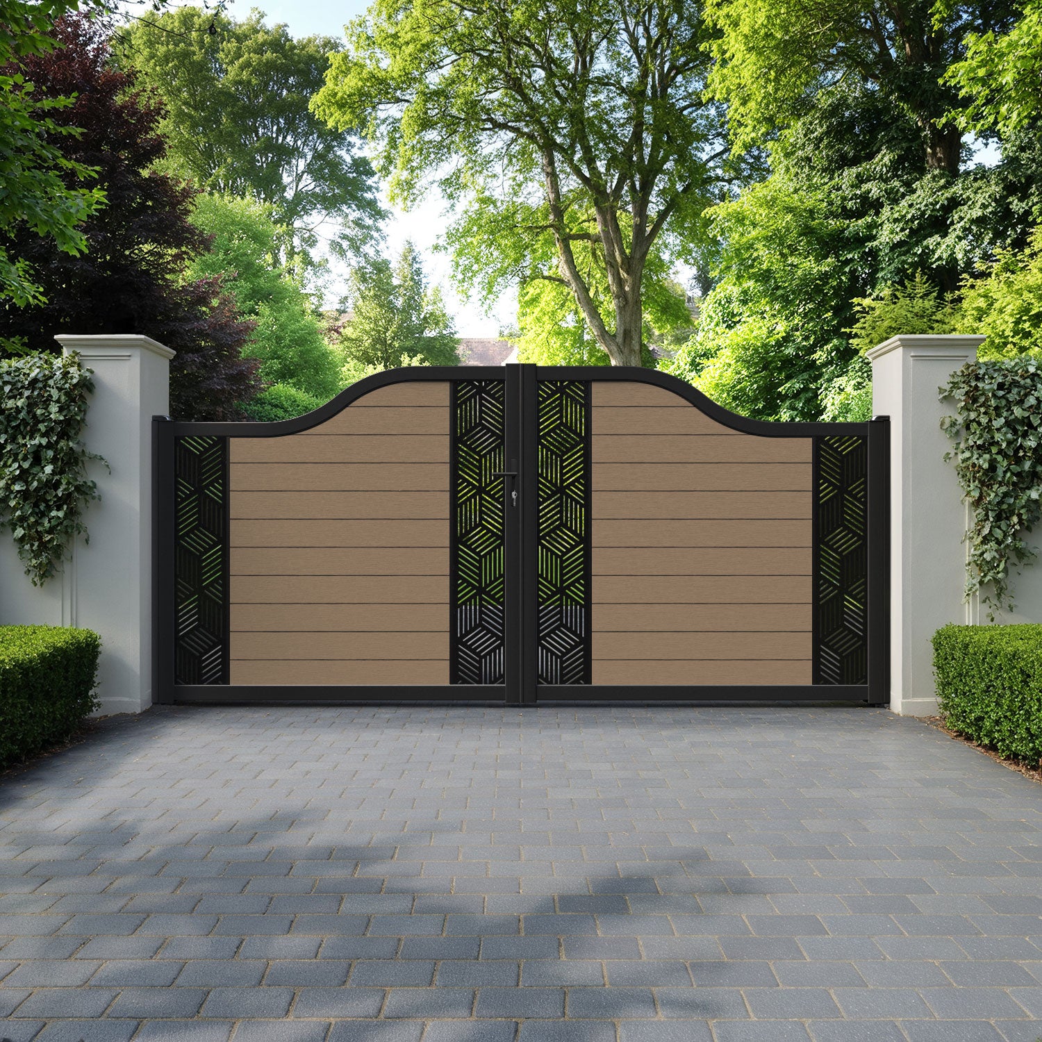 Fusion Cubed Curved Top Driveway Gate - Teak - Middle & End Screen