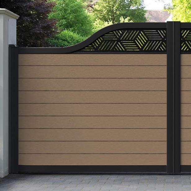 Fusion Cubed Curved Top Driveway Gate - Teak - Middle & End Screen