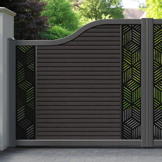 Hudson Cubed Curved Top Driveway Gate - Dark Oak - Middle & End Screen