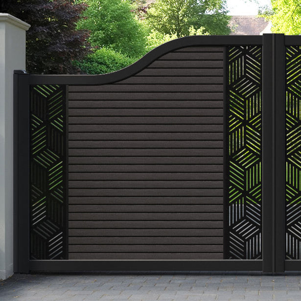 Hudson Cubed Curved Top Driveway Gate - Dark Oak - Middle & End Screen