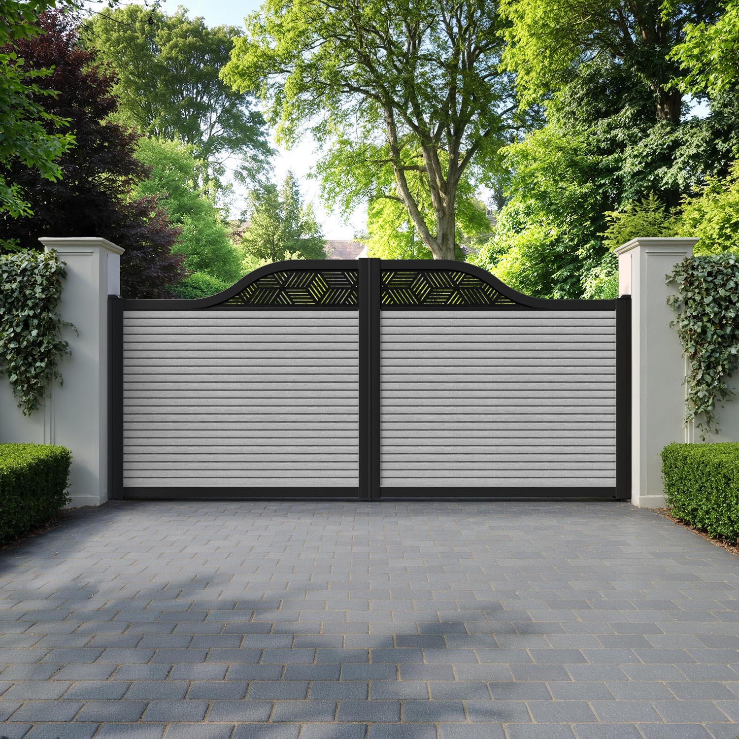 Hudson Cubed Curved Top Driveway Gate - Light Grey - Top Screen