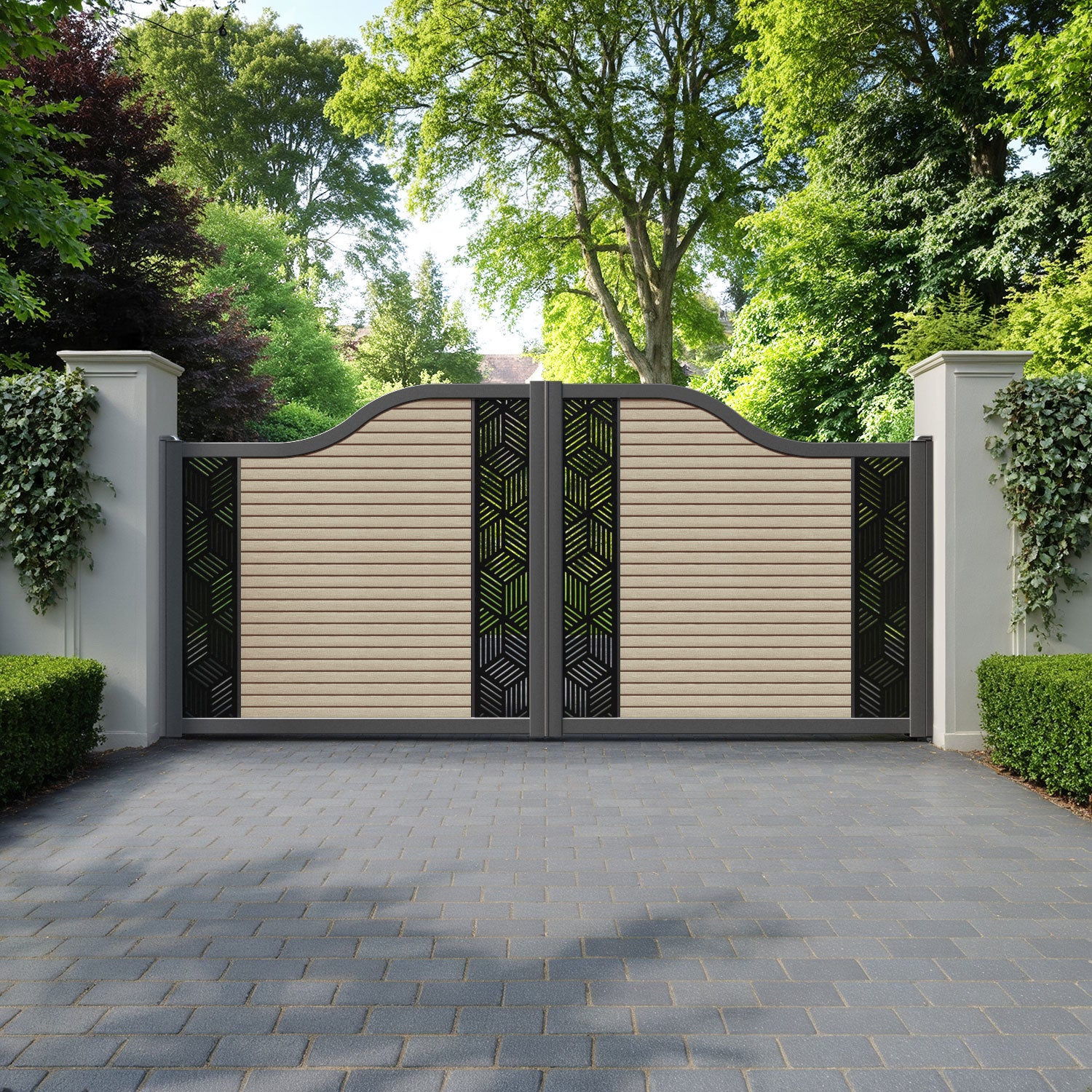 Hudson Cubed Curved Top Driveway Gate - Light Oak- Middle & End Screen