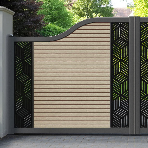 Hudson Cubed Curved Top Driveway Gate - Light Oak- Middle & End Screen