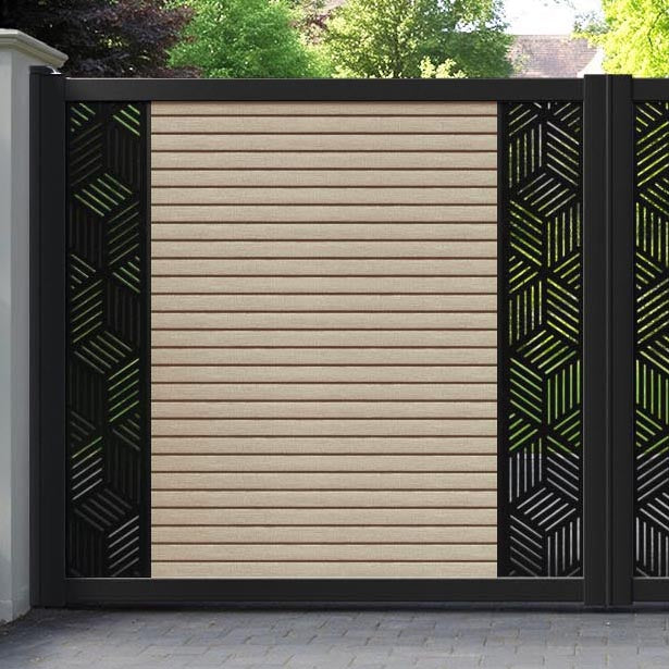 Hudson Cubed Straight Top Driveway Gate - Light Oak- Middle & End Screen