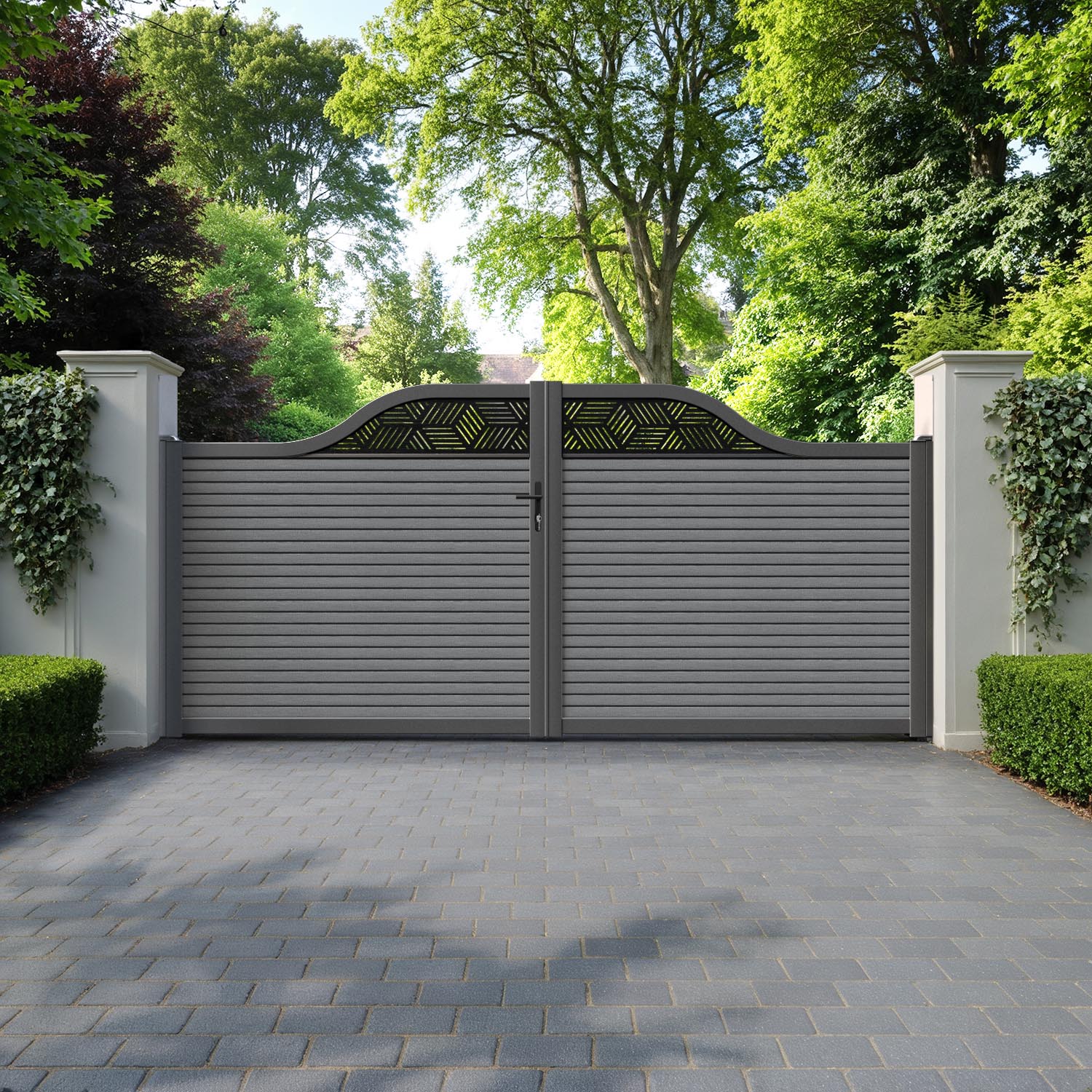 Hudson Cubed Curved Top Driveway Gate - Mid Grey - Top Screen