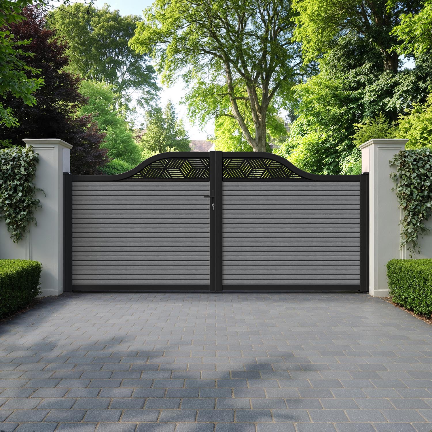 Hudson Cubed Curved Top Driveway Gate - Mid Grey - Top Screen
