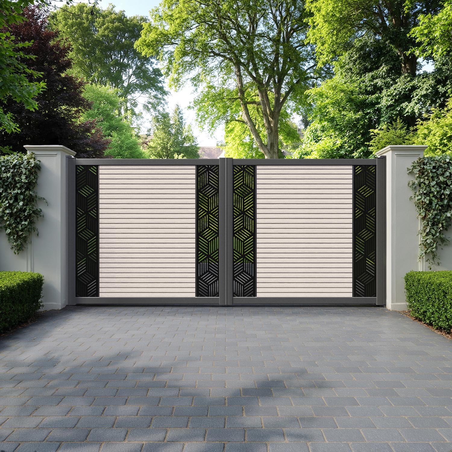 Hudson Cubed Straight Top Driveway Gate - Mid Stone - Middle & End Screen