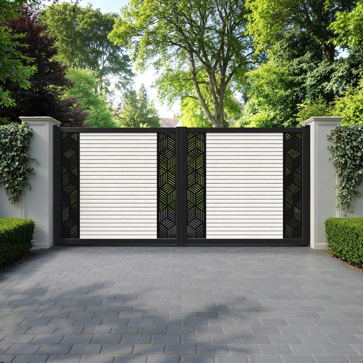 Hudson Cubed Straight Top Driveway Gate - Light Stone - Middle & End Screen