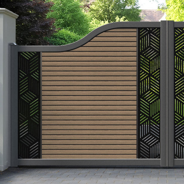 Hudson Cubed Curved Top Driveway Gate - Teak - Middle & End Screen
