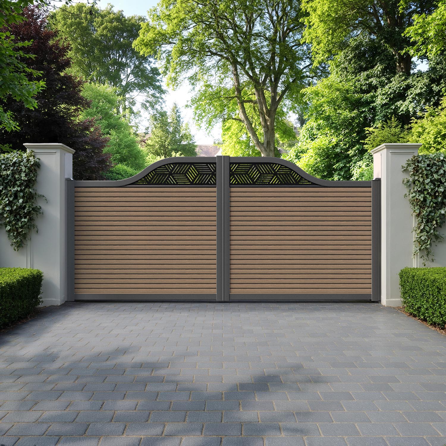 Hudson Cubed Curved Top Driveway Gate - Teak - Top Screen
