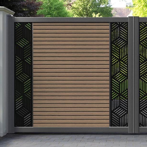 Hudson Cubed Straight Top Driveway Gate - Teak - Middle & End Screen