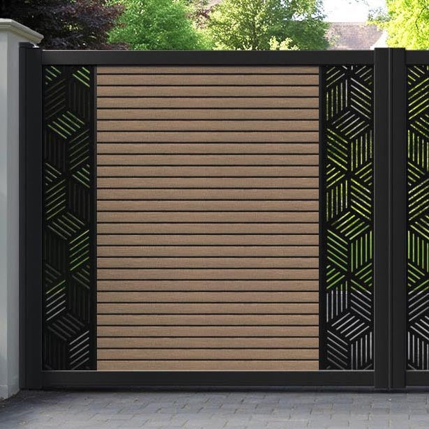 Hudson Cubed Straight Top Driveway Gate - Teak - Middle & End Screen