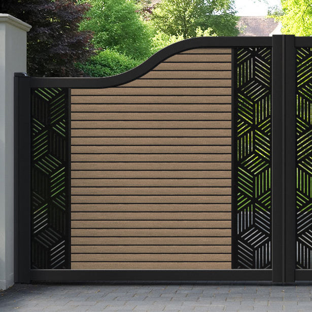 Hudson Cubed Curved Top Driveway Gate - Teak - Middle & End Screen