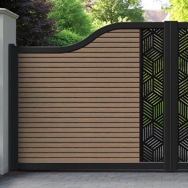 Hudson Cubed Curved Top Driveway Gate - Teak - Middle Screen