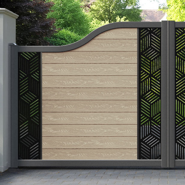 Classic Cubed Curved Top Driveway Gate - Light Oak - Middle & End Screen