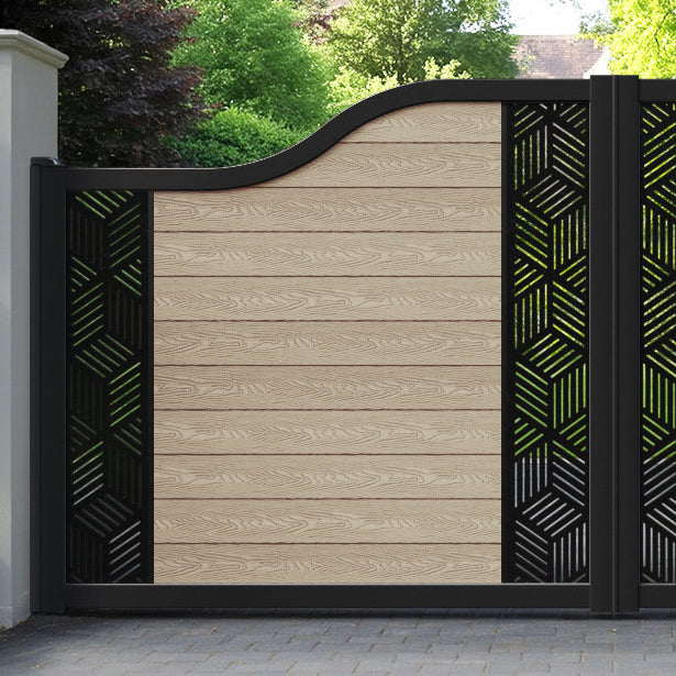 Classic Cubed Curved Top Driveway Gate - Light Oak - Middle & End Screen